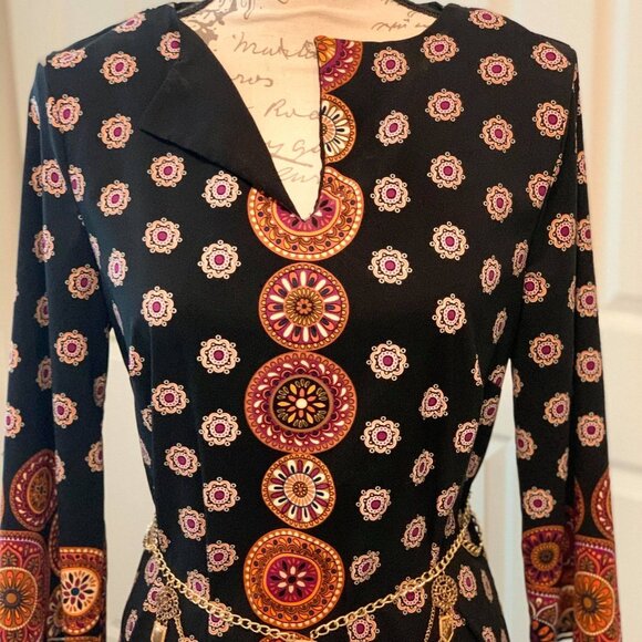 Women's Medallion Dress by Nicole Miller with a Slight Upper Split on the Chest - Picture 3 of 11